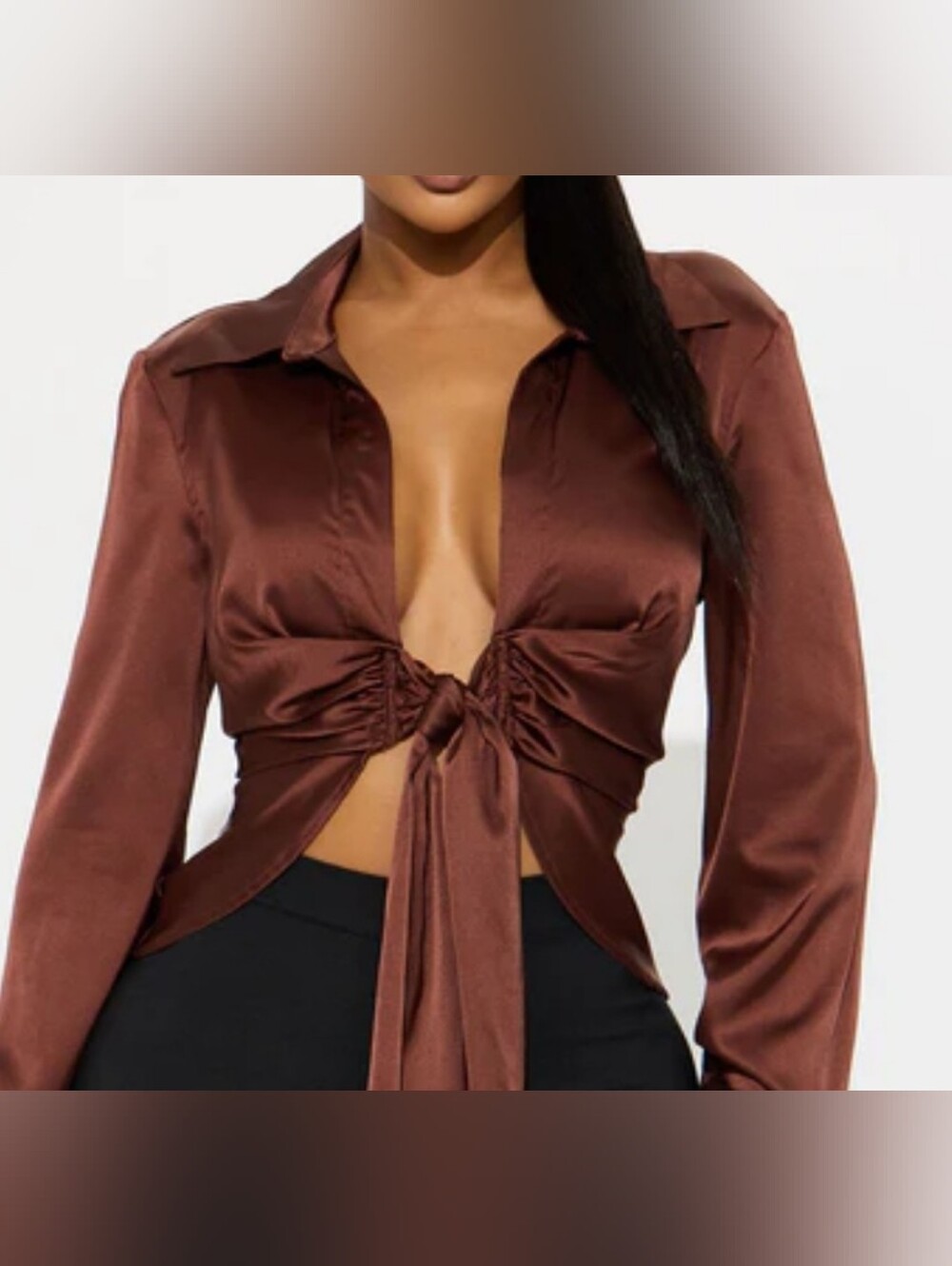 Brown Satin Tie-Front Top